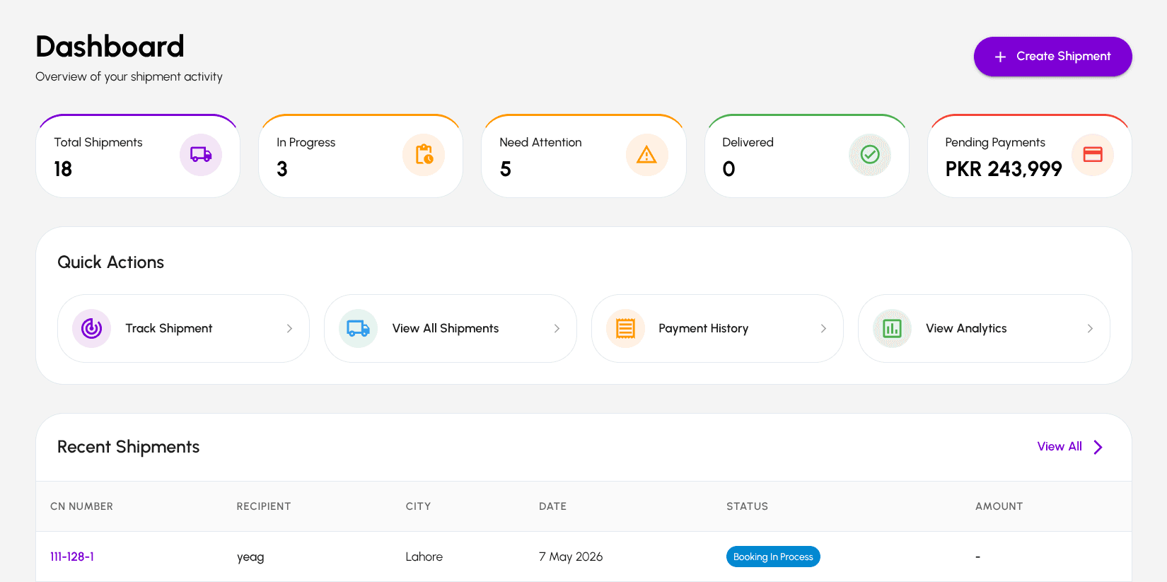 Ship Asaan merchant dashboard — shipment counts, pending COD payments, quick actions and recent shipments